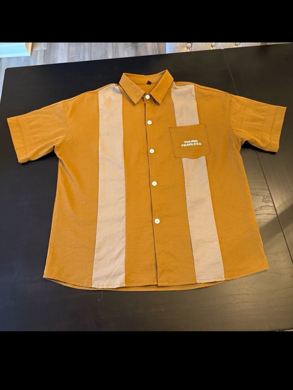 SHEIN Short-Sleeve Panel Button-Down Shirt in Mustard and Tan